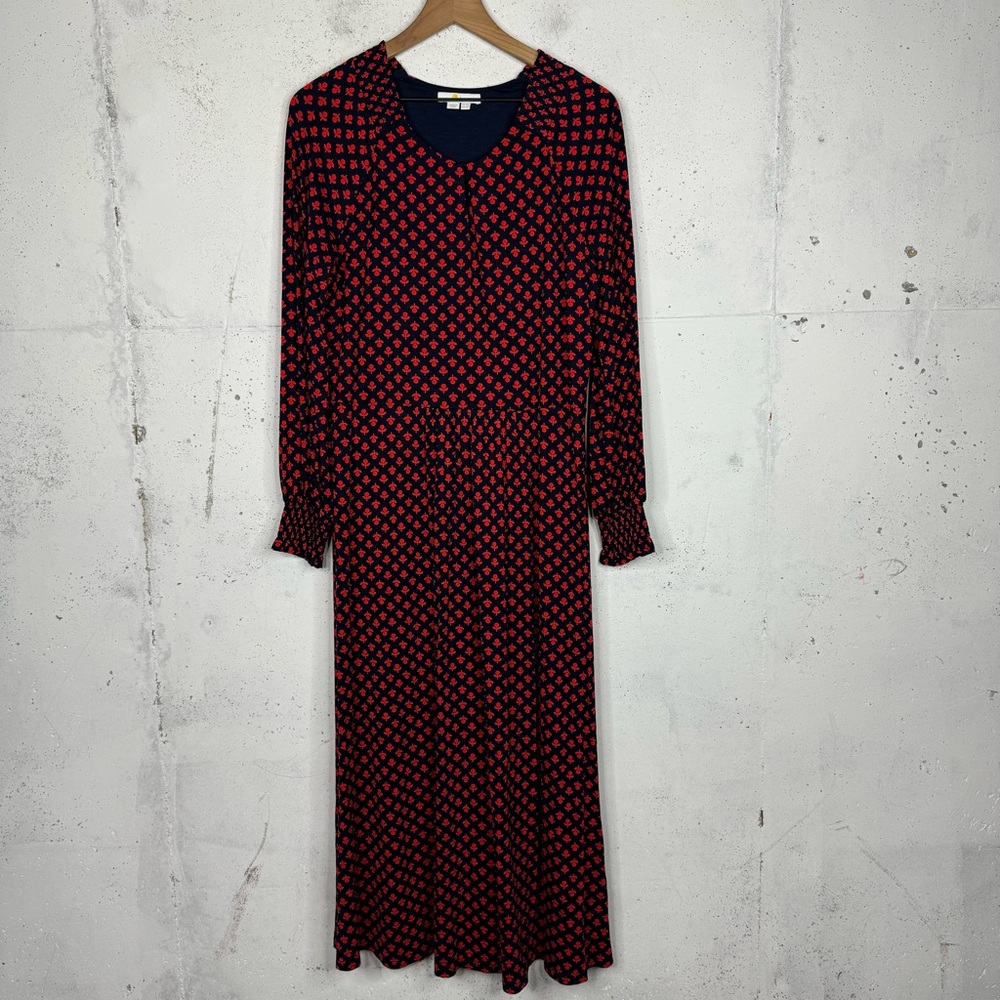 Boden Eliza Jersey Midi Long Sleeve Dress Smocked Keyhole Front 12L